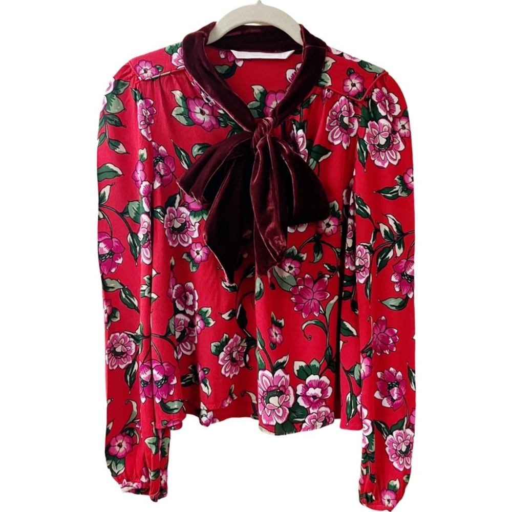 ZARA TRAFALUC Floral Velvet Neck Tie Bow Blouse Romanticcore Whimsigoth SMALL